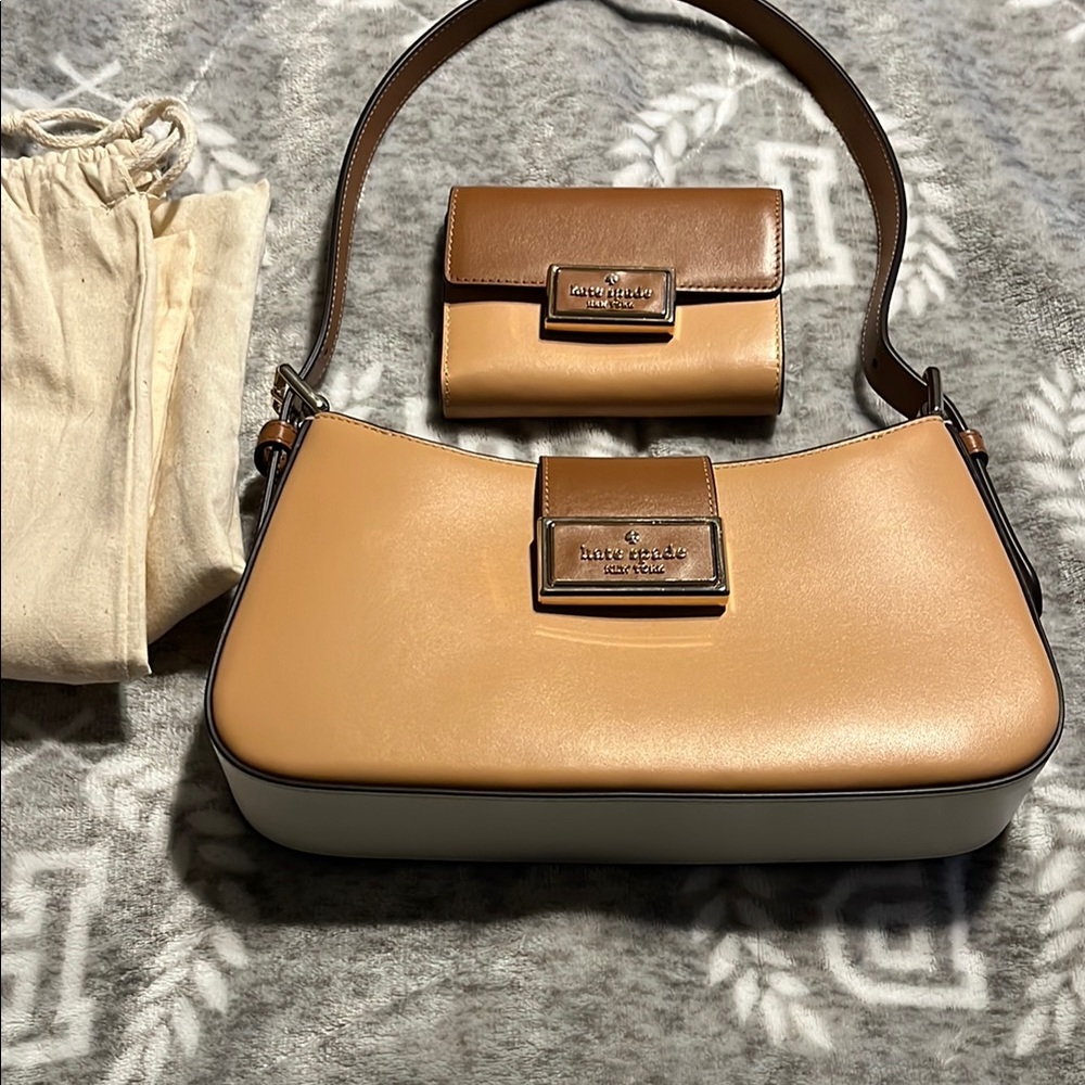 Kate Spade Tan and White Shoulder Bag, wallet, dust bag. Brand New!